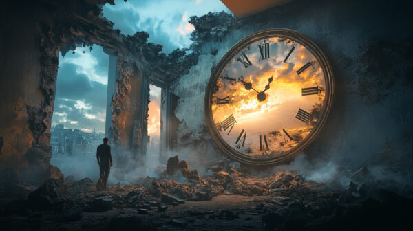A lone figure stands in a ruined building, facing an enormous clock embedded in a crumbling wall, with the sunset sky reflecting in its glass.